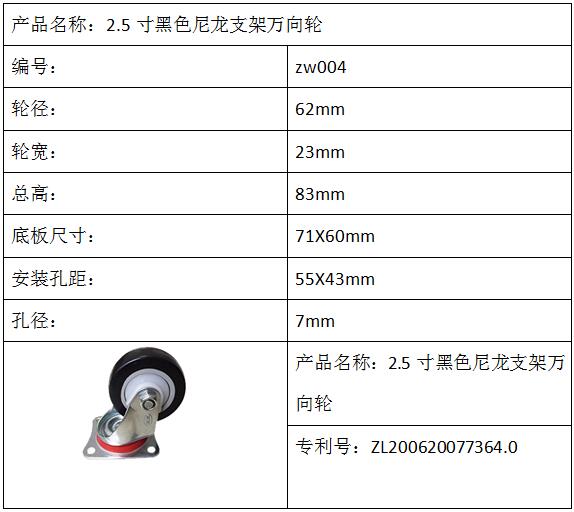 2.5寸黑色尼龙支架万向轮